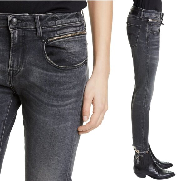 R13 Biker Boy Distressed Skinny Denim Jeans Women's 28 Gino Black Raw Hem NWOT - Picture 2 of 16